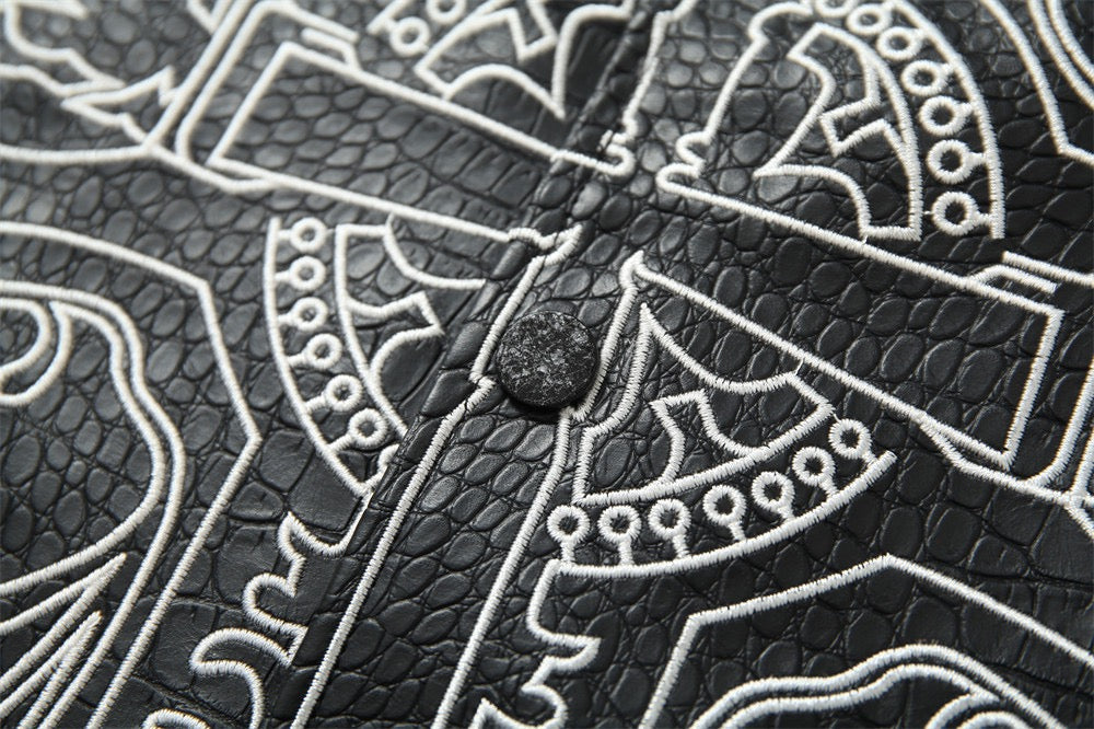Gothic Cross Panel Bomber Jacket | Faux-Croc Contrast Sleeves