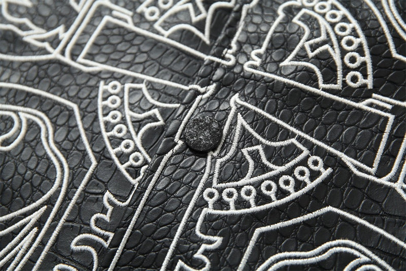 Gothic Cross Panel Bomber Jacket | Faux-Croc Contrast Sleeves