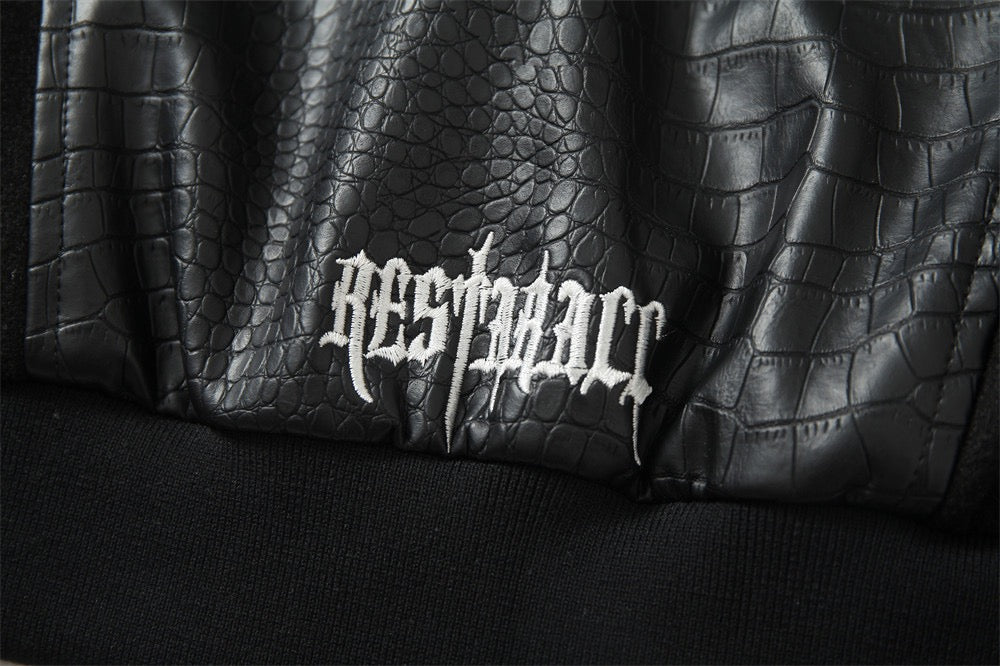 Gothic Cross Panel Bomber Jacket | Faux-Croc Contrast Sleeves