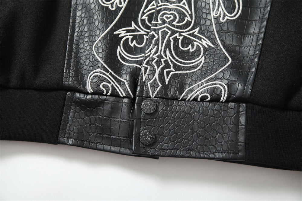 Gothic Cross Panel Bomber Jacket | Faux-Croc Contrast Sleeves