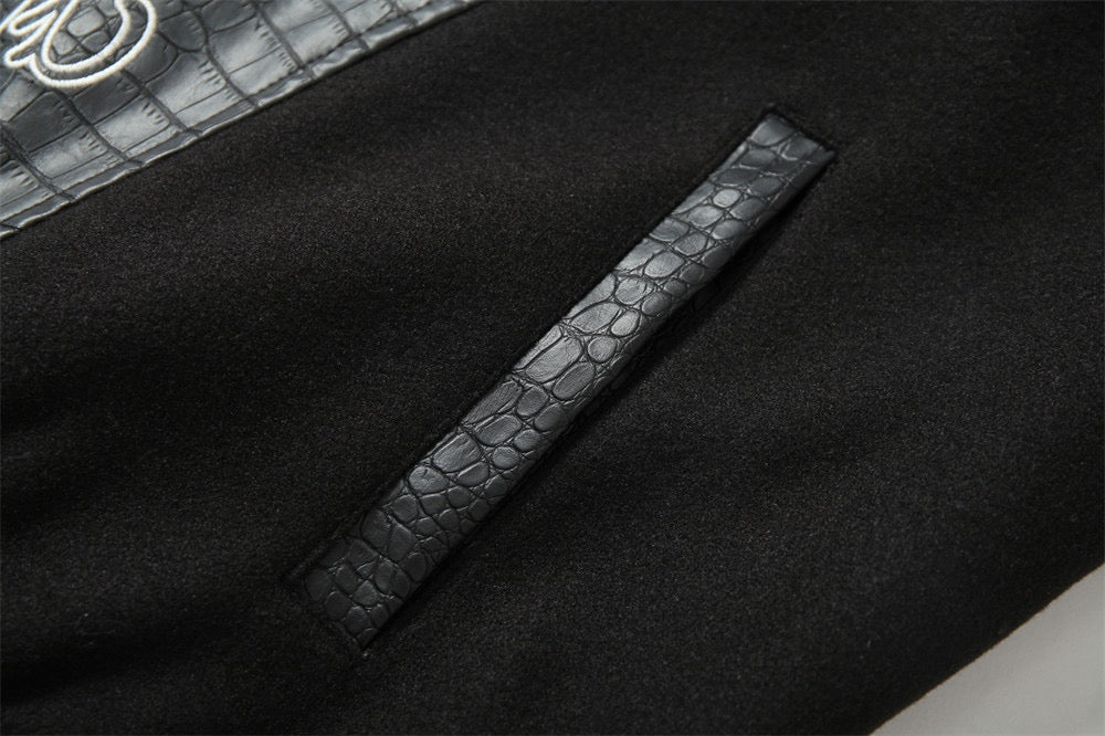 Gothic Cross Panel Bomber Jacket | Faux-Croc Contrast Sleeves