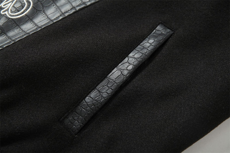 Gothic Cross Panel Bomber Jacket | Faux-Croc Contrast Sleeves
