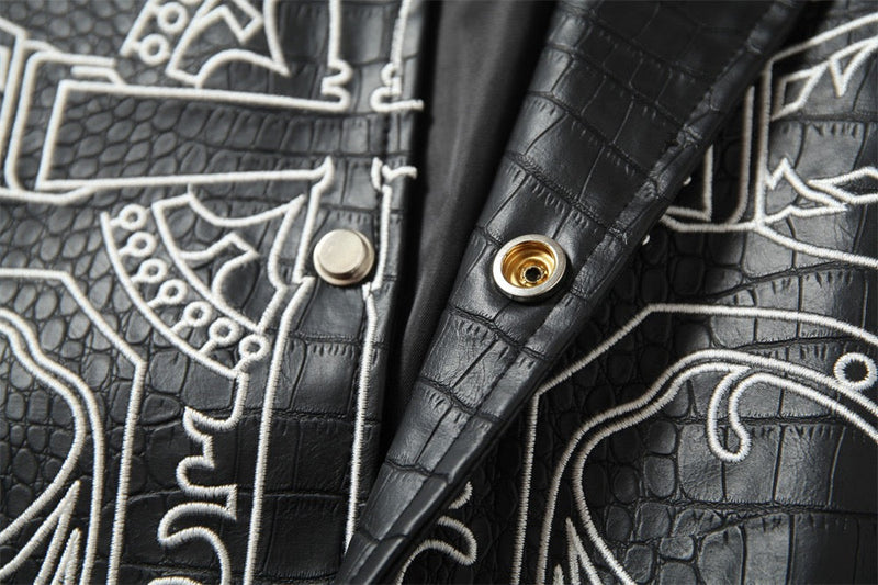 Gothic Cross Panel Bomber Jacket | Faux-Croc Contrast Sleeves