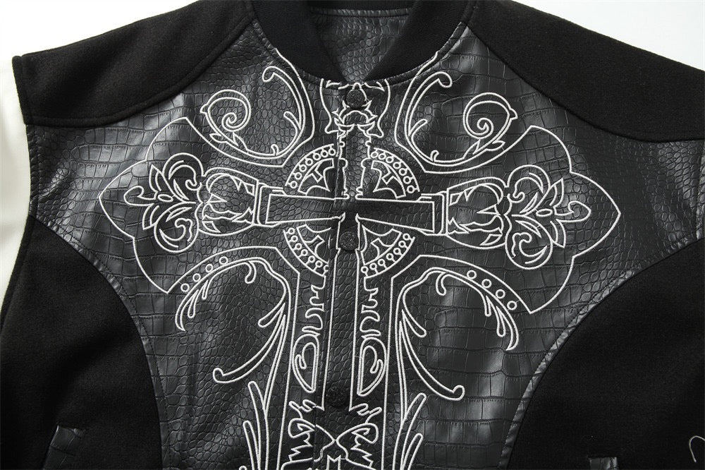 Gothic Cross Panel Bomber Jacket | Faux-Croc Contrast Sleeves