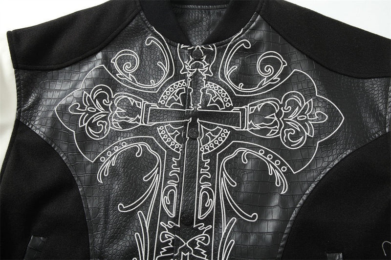Gothic Cross Panel Bomber Jacket | Faux-Croc Contrast Sleeves
