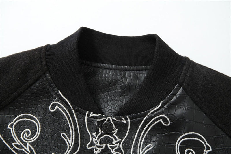 Gothic Cross Panel Bomber Jacket | Faux-Croc Contrast Sleeves