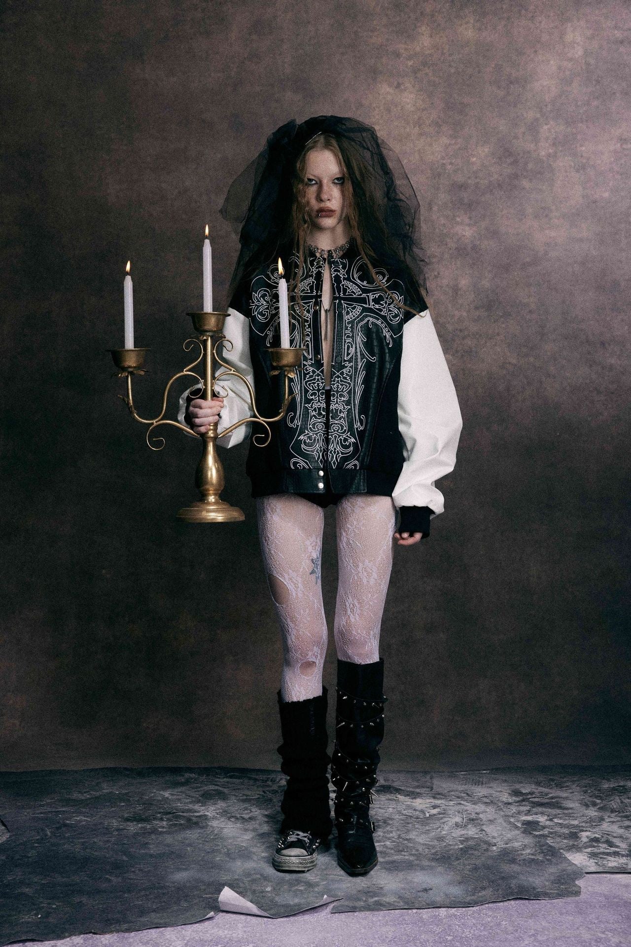 Gothic Cross Panel Bomber Jacket | Faux-Croc Contrast Sleeves