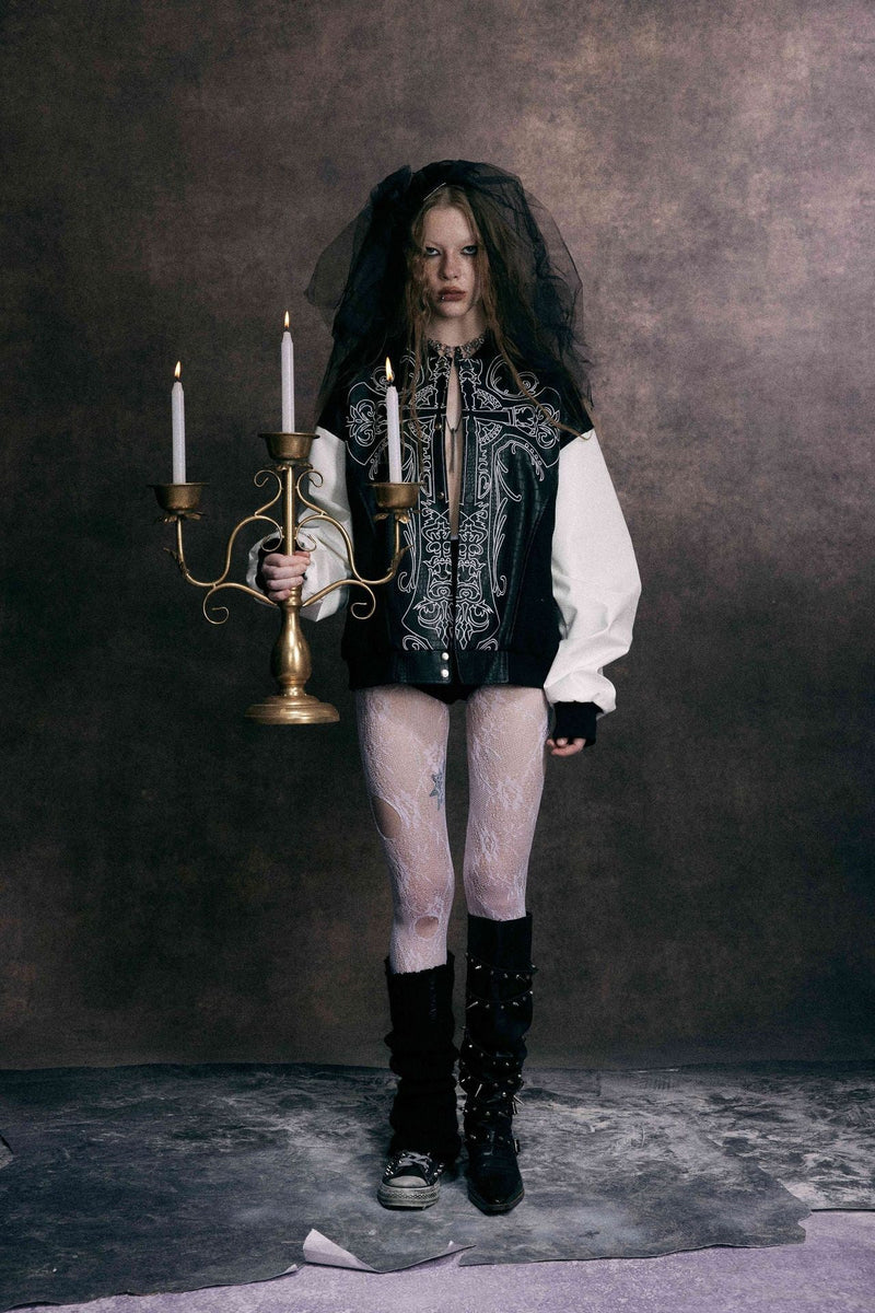 Gothic Cross Panel Bomber Jacket | Faux-Croc Contrast Sleeves