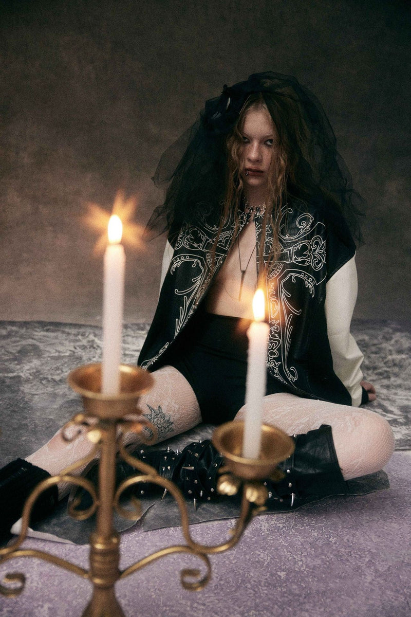 Gothic Cross Panel Bomber Jacket | Faux-Croc Contrast Sleeves