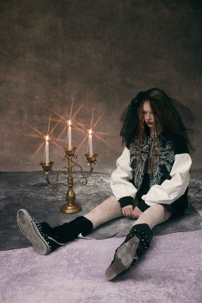 Gothic Cross Panel Bomber Jacket | Faux-Croc Contrast Sleeves