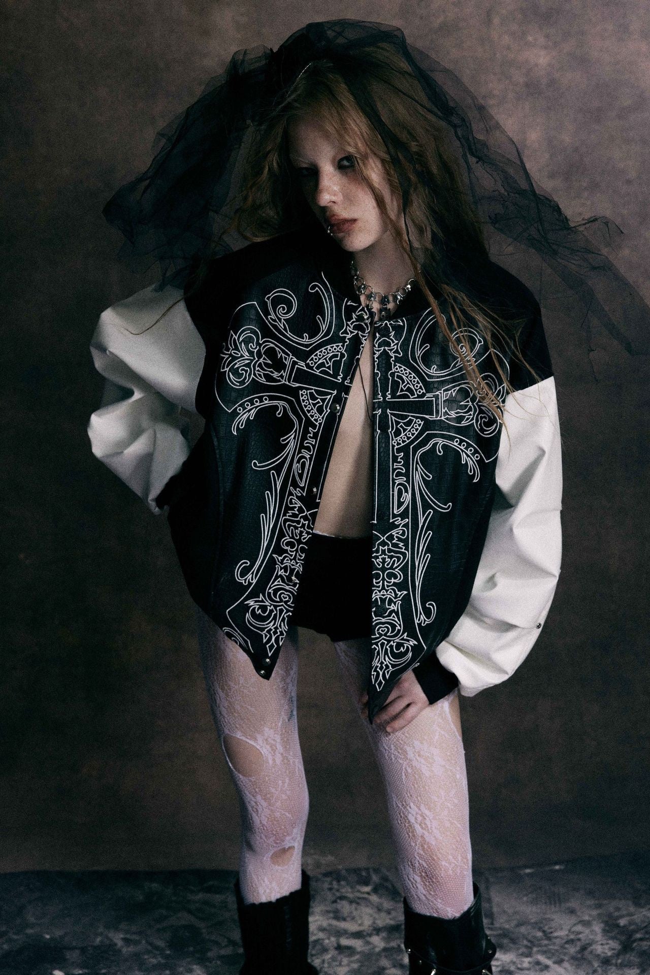 Gothic Cross Panel Bomber Jacket | Faux-Croc Contrast Sleeves
