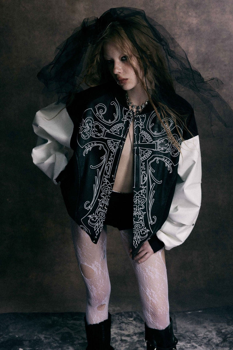 Gothic Cross Panel Bomber Jacket | Faux-Croc Contrast Sleeves