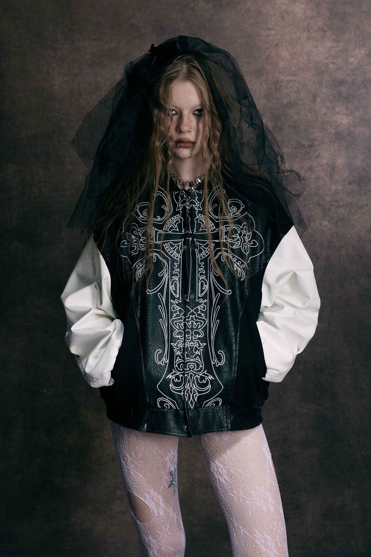 Gothic Cross Panel Bomber Jacket | Faux-Croc Contrast Sleeves