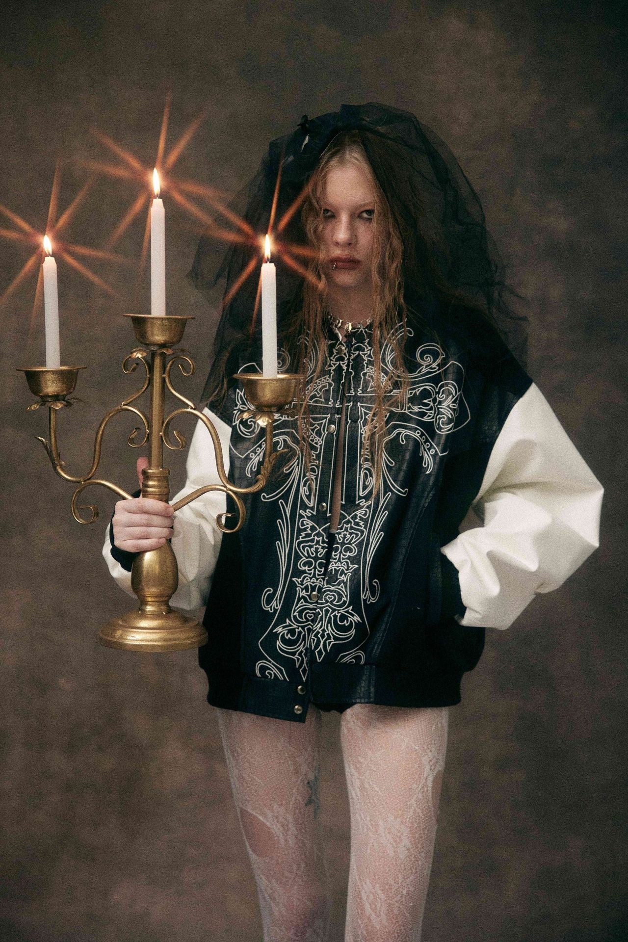 Gothic Cross Panel Bomber Jacket | Faux-Croc Contrast Sleeves