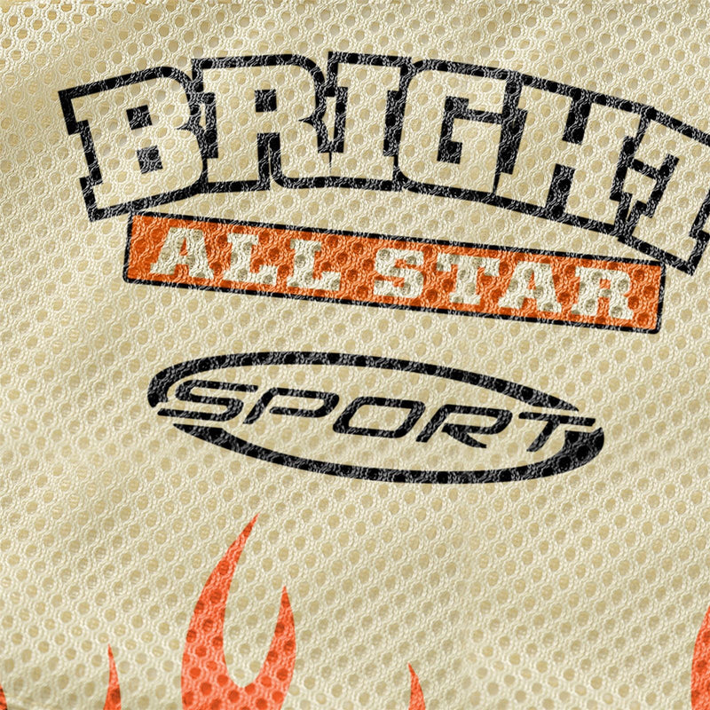 Cream mesh tee with BRIGHT All Star Sport graphic and orange flame detail, close-up of Y2K streetwear print