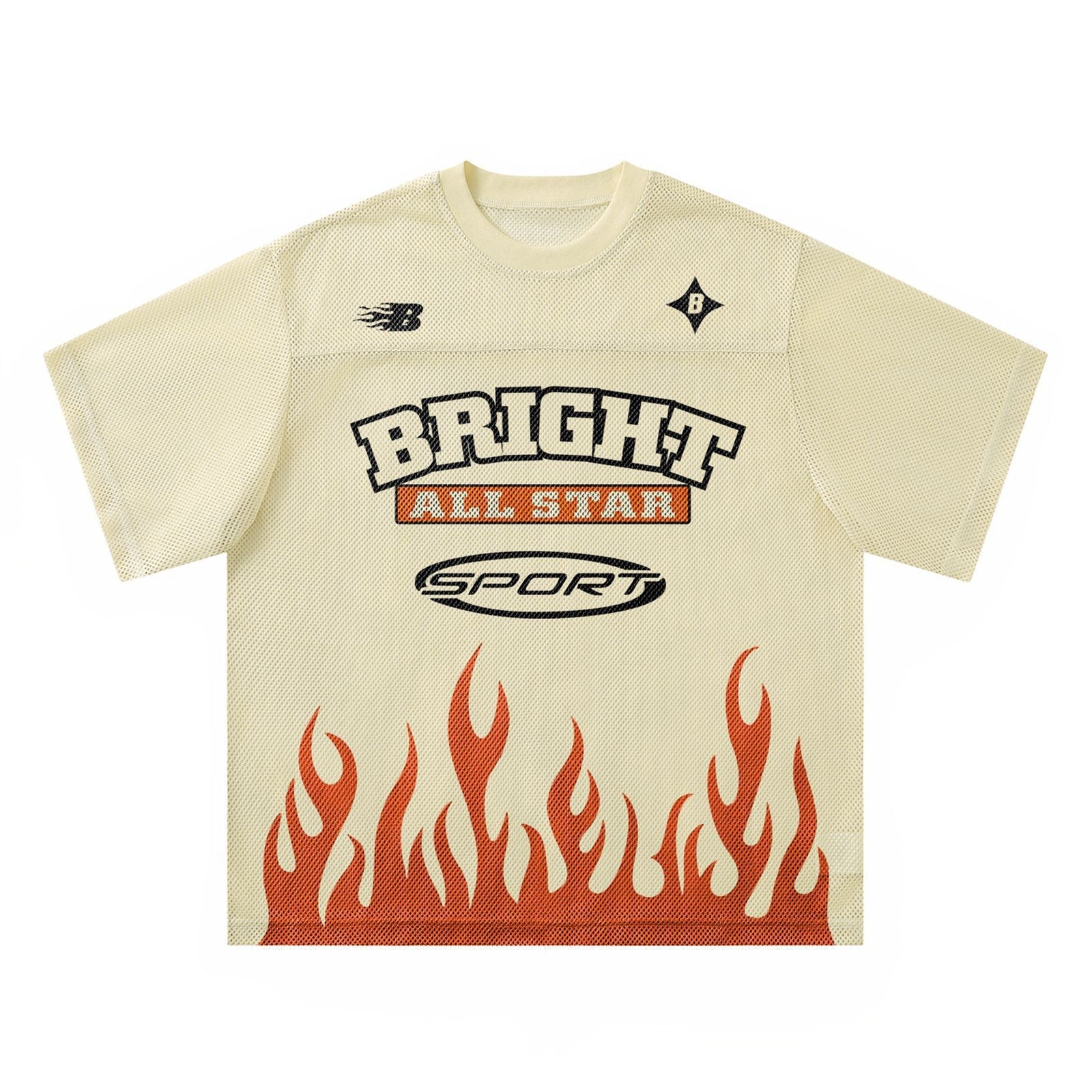 Cream mesh oversized tee with Bright All Star Sport varsity logo and red orange flame hem graphic, front view