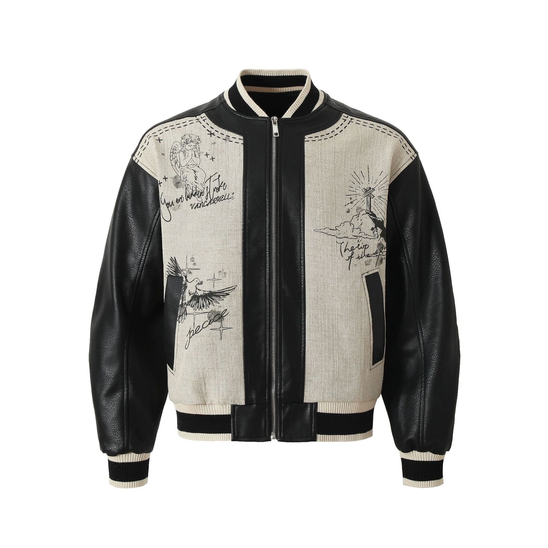 Omirad varsity jacket front view with cream illustrated panels, black faux leather sleeves, angel and dove sketch graphics