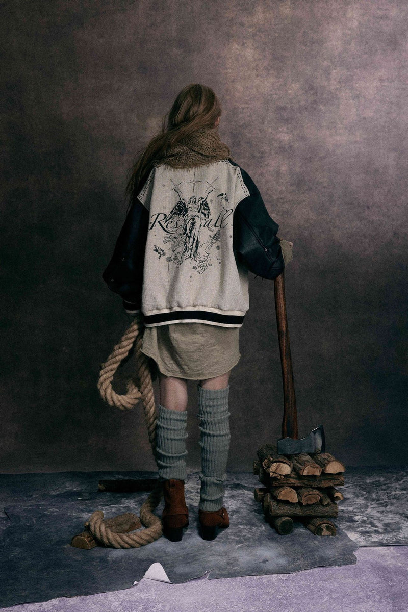 Omirad Illustrated Panel Varsity Jacket | Faux Leather Sleeves