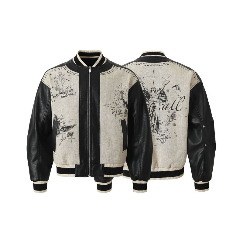Omirad Illustrated Panel Varsity Jacket | Faux Leather Sleeves