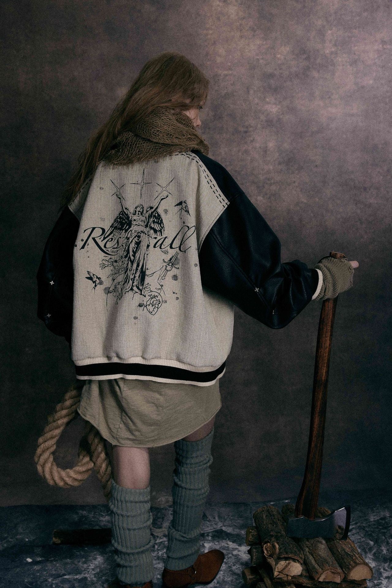 Omirad Illustrated Panel Varsity Jacket | Faux Leather Sleeves