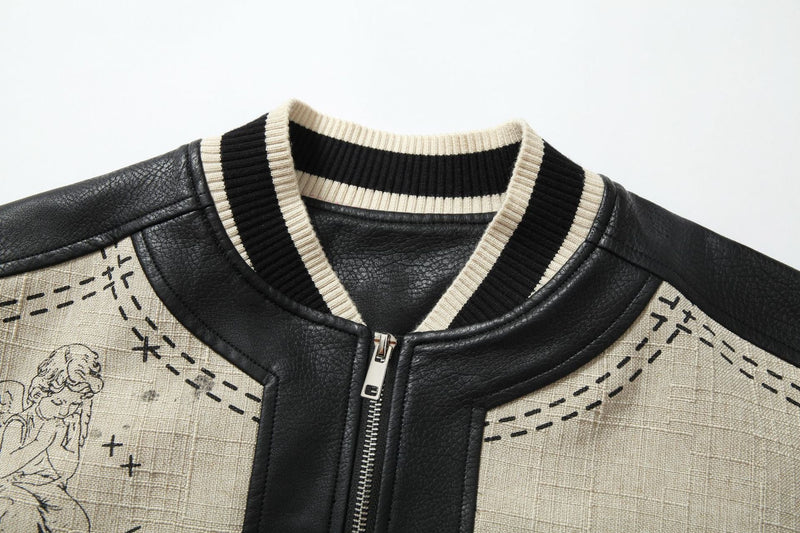 Omirad Illustrated Panel Varsity Jacket | Faux Leather Sleeves