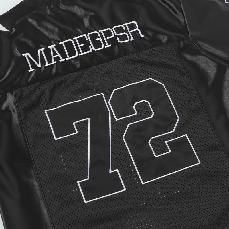 Black mesh football jersey tee with white number 76 and MADEGPSR lettering on the chest and front panel