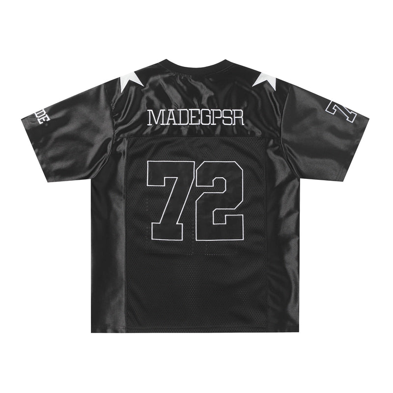 Black mesh football jersey tee with white 72 print, MADEGPSR lettering, and star shoulder accents
