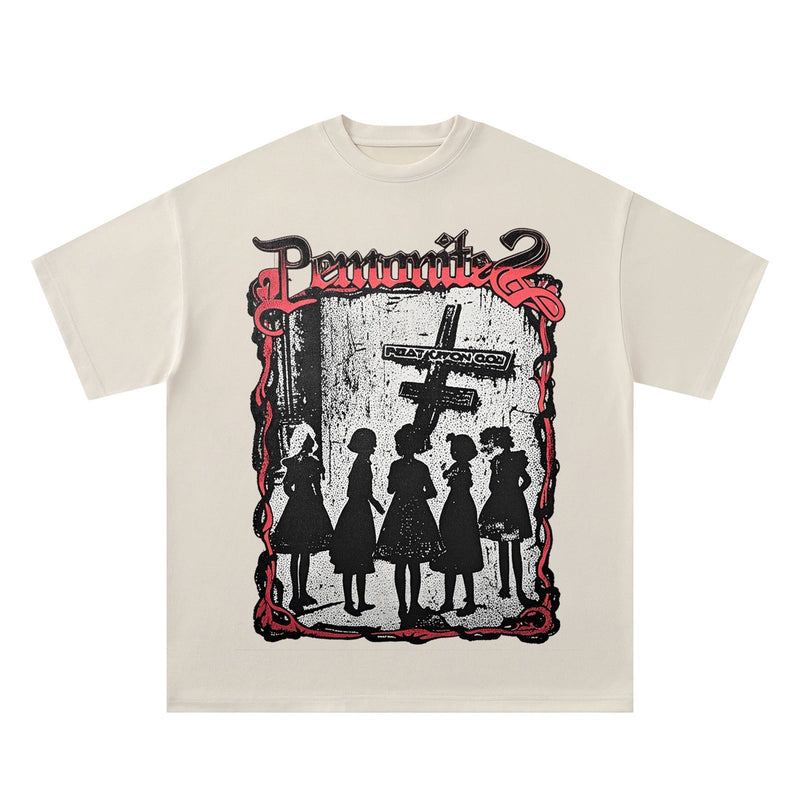 Oversized beige cotton T-shirt with gothic cross graphic and black silhouette figures in a red framed print