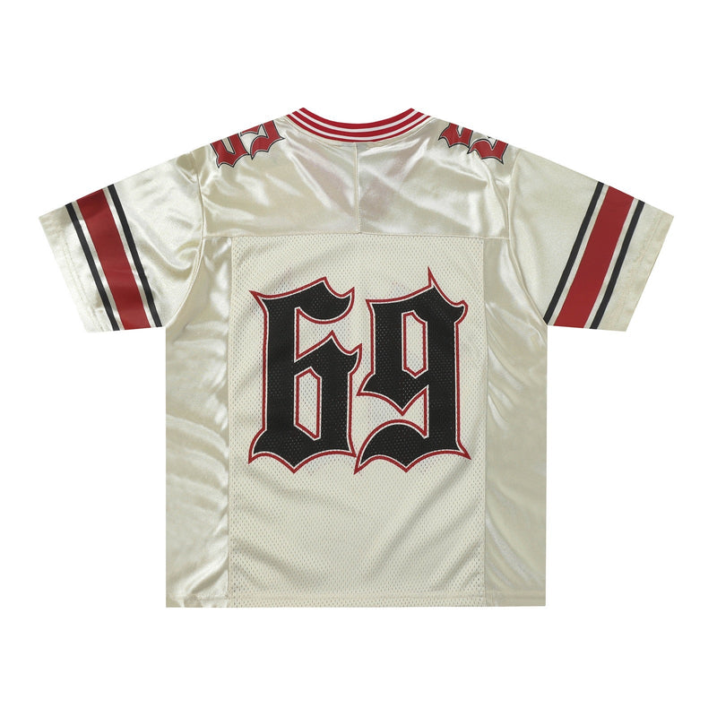 Cream retro gothic football jersey tee with bold 69 print and red-striped sleeves, laid flat on white background