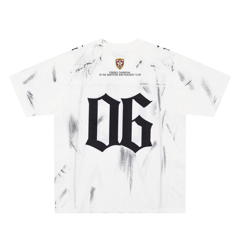 White washed mesh jersey tee with black OG 06 graphic and distressed brushstroke print