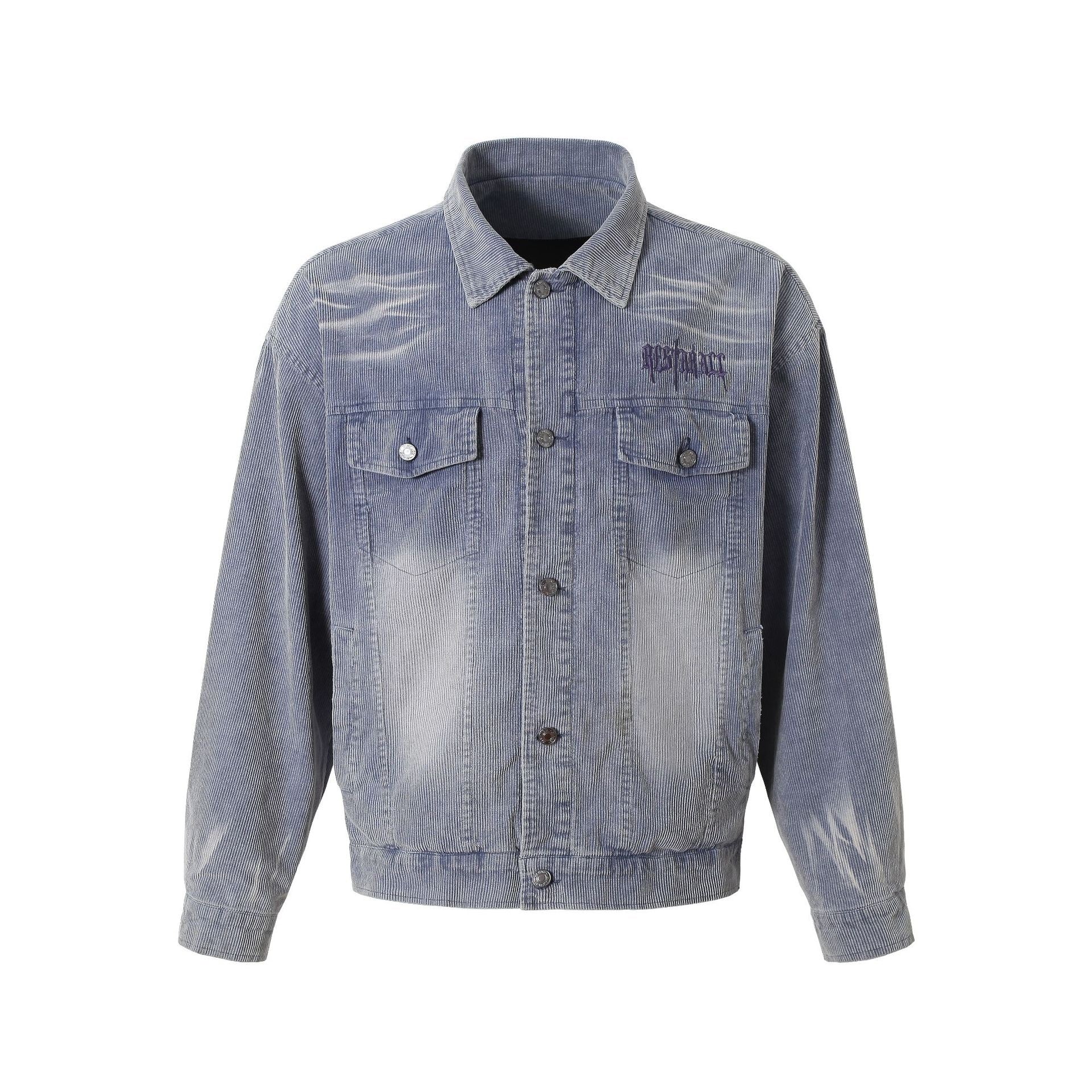 Front view of Omirad washed blue-grey corduroy jacket with chest pockets and button closure on white background