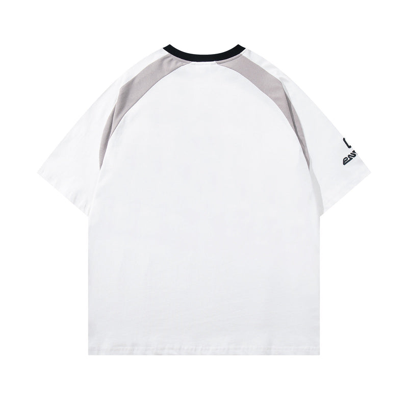 White varsity raglan tee with black collar, gray shoulder panels, and relaxed streetwear fit