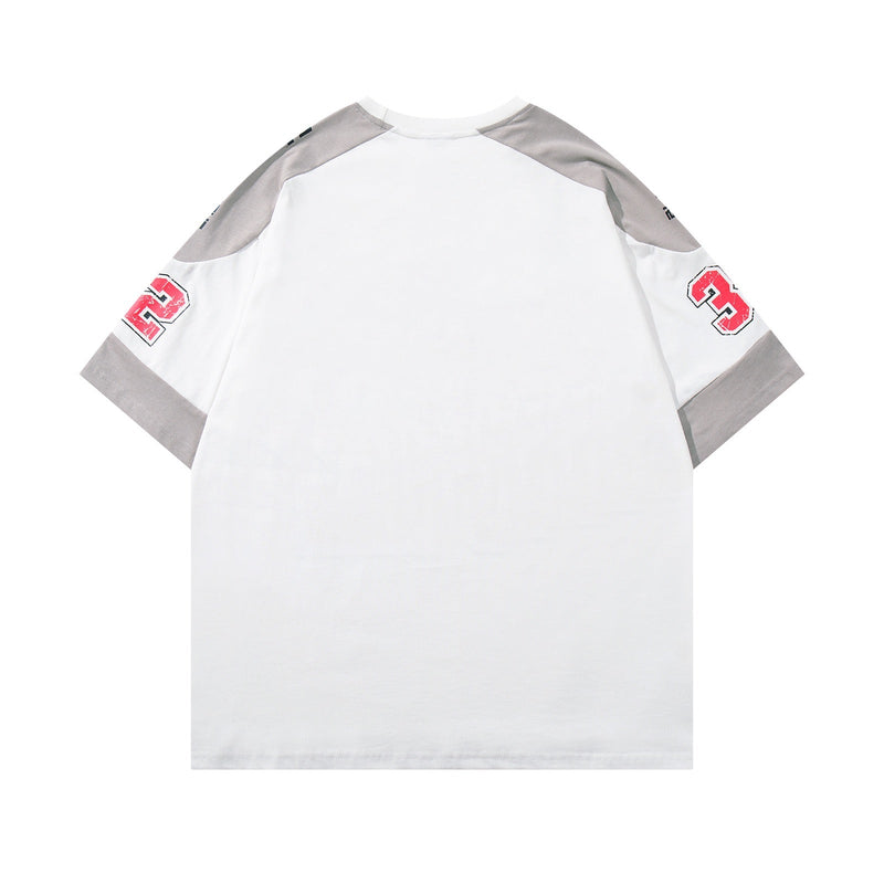 White varsity graphic tee with gray contrast shoulder panels and red number prints on the sleeves