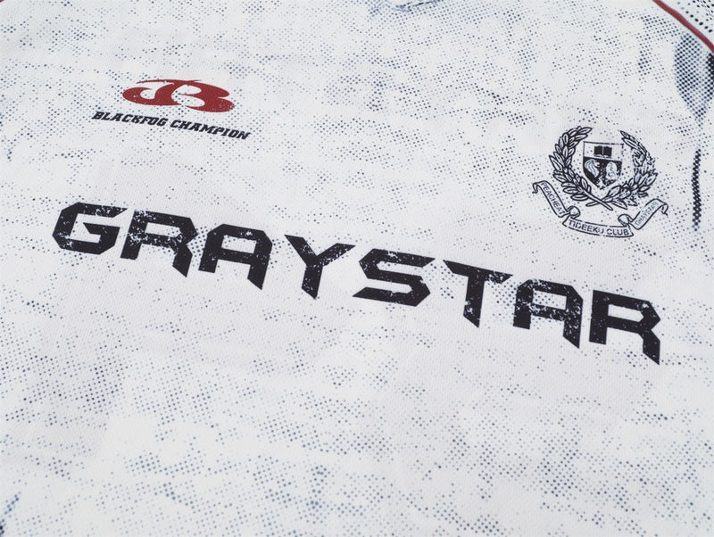 Graystar distressed mesh jersey tee in white with black graphic logos and red trim, featuring bold streetwear soccer styling
