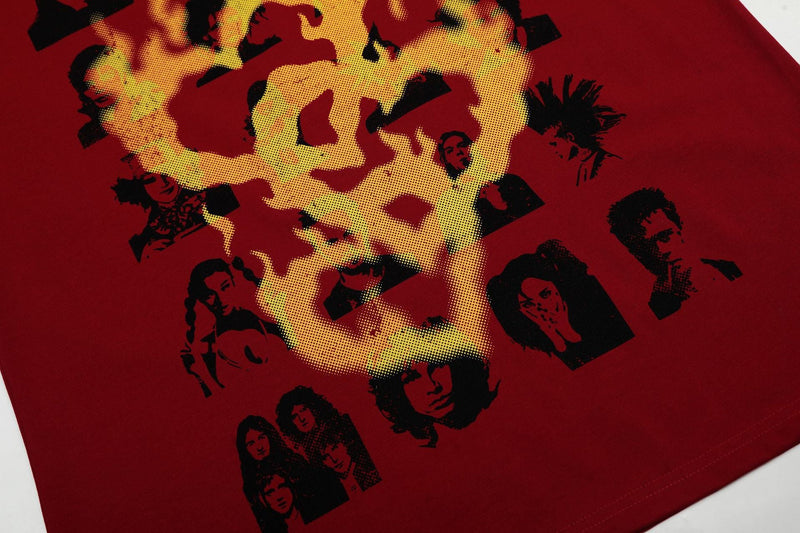 Red streetwear tee with flame-like graphic portraits in black and yellow collage print