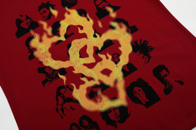 Red streetwear tee with flame graphic collage of black portrait faces in a bold halftone print