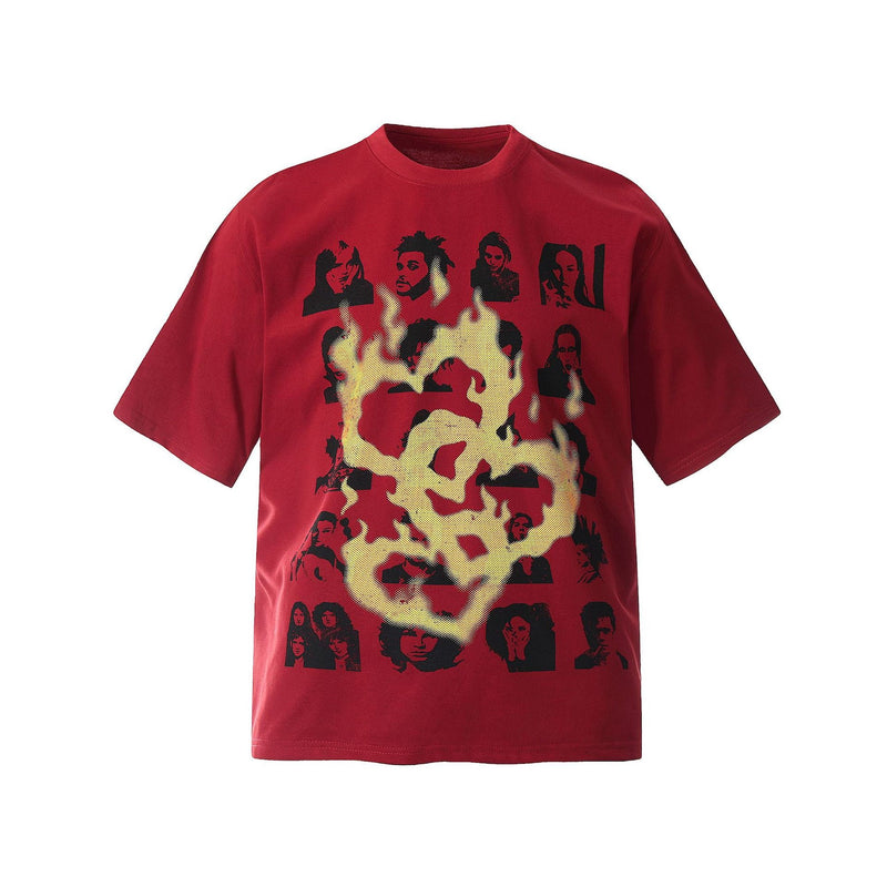 Red streetwear T-shirt with flame graphic and black portrait collage print on the front