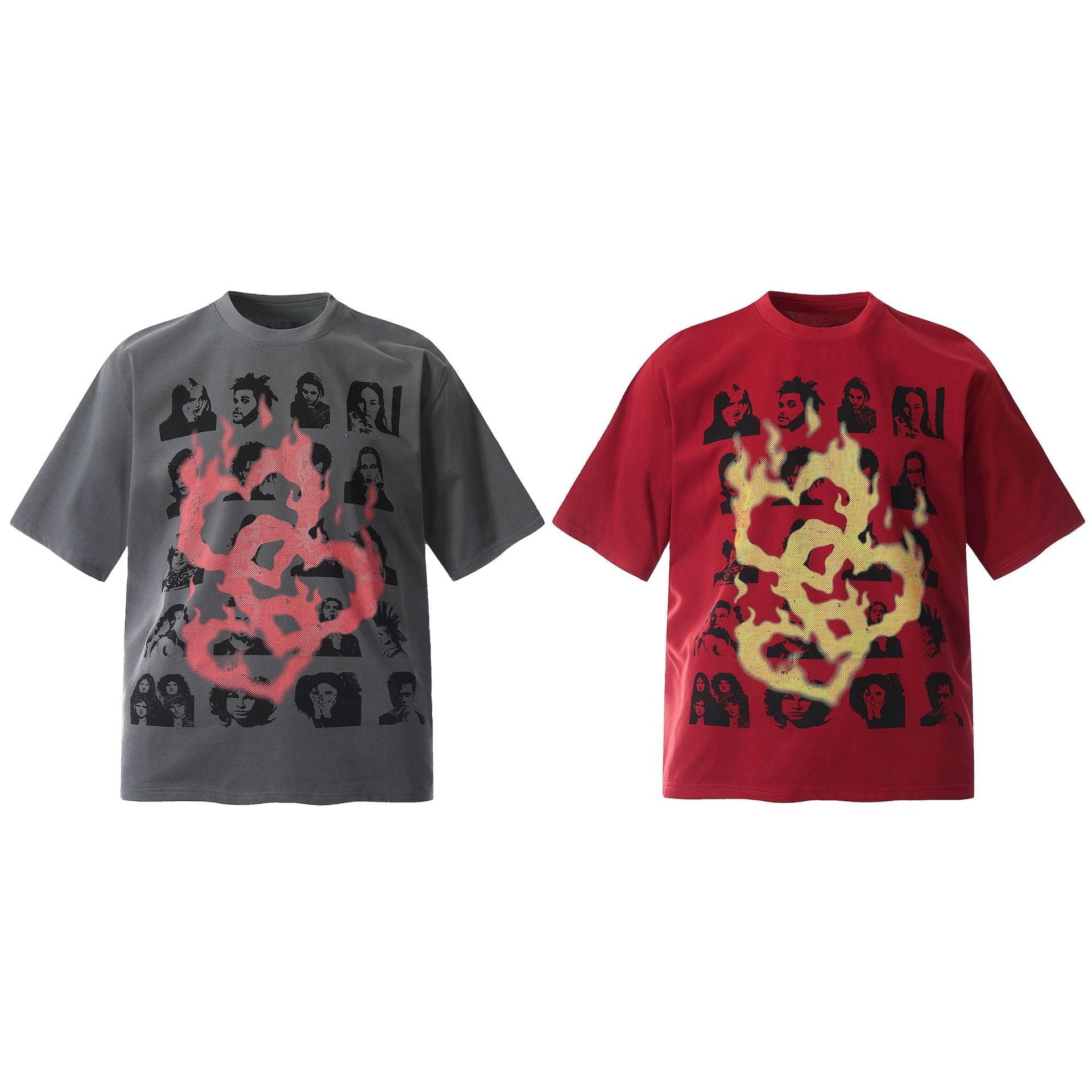 Omirad flame graphic streetwear tee in charcoal and red with portrait collage and red flame overlay print