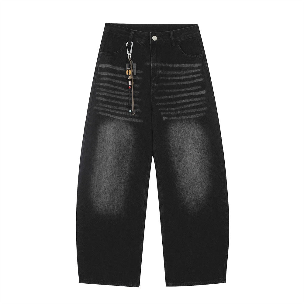 Omirad Courage Cross Embroidered Washed Black Denim Pants