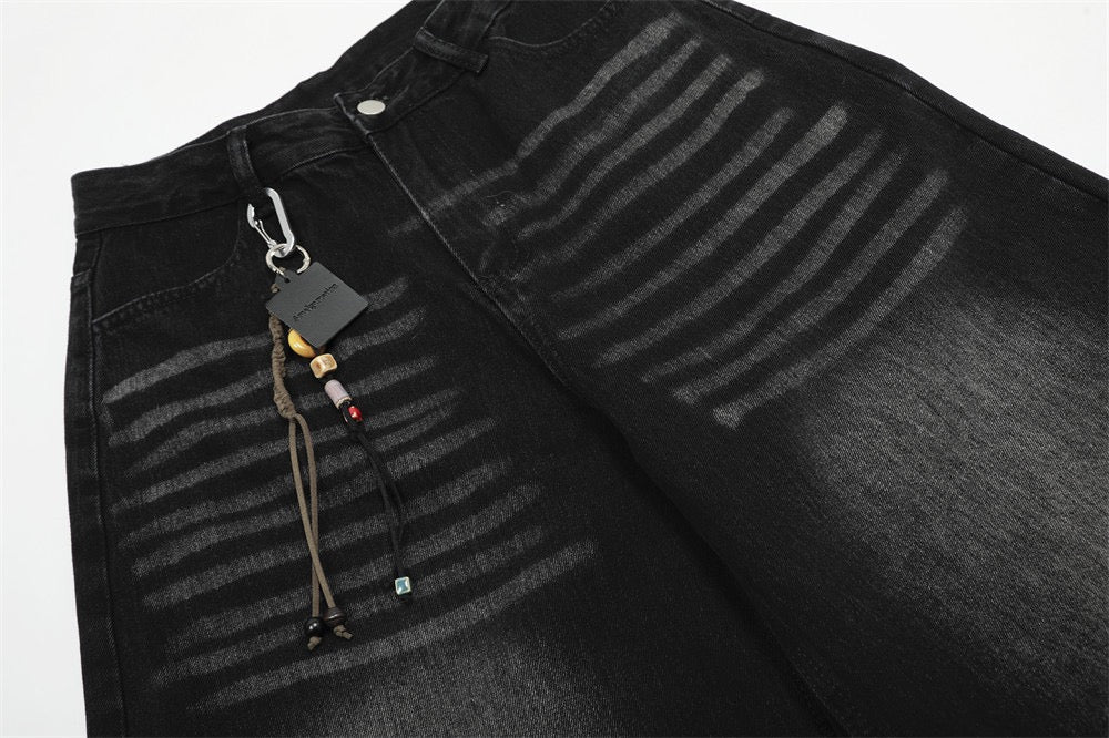 Omirad Courage Cross Embroidered Washed Black Denim Pants