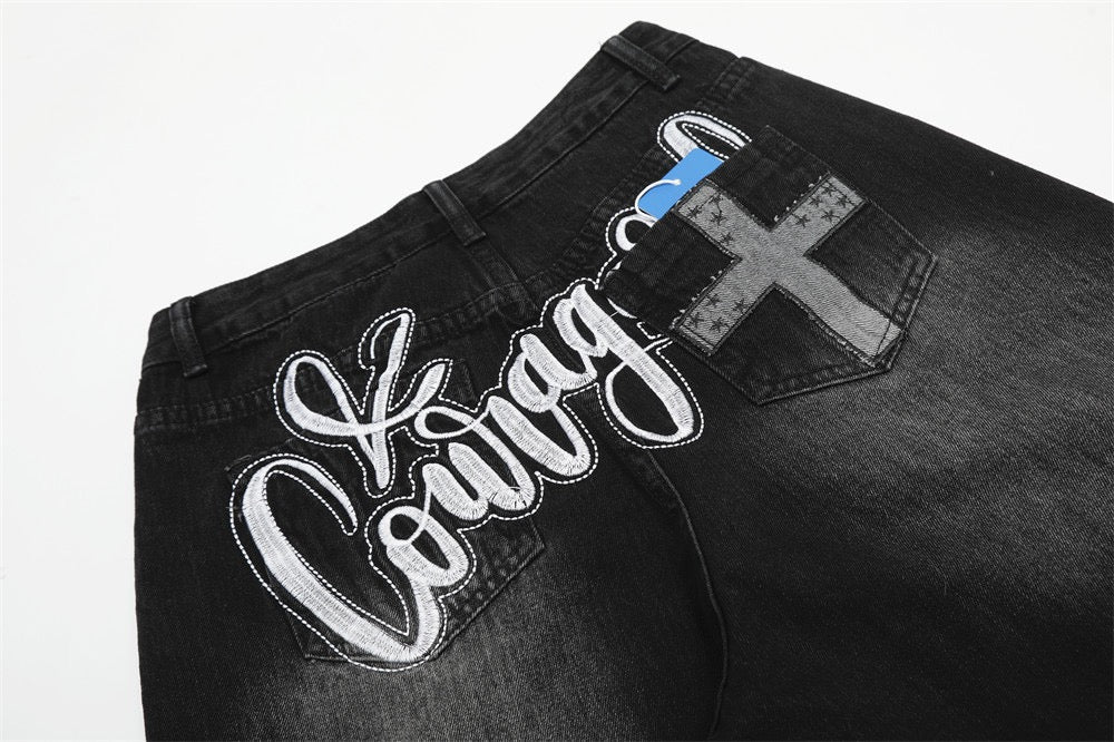 Omirad Courage Cross Embroidered Washed Black Denim Pants