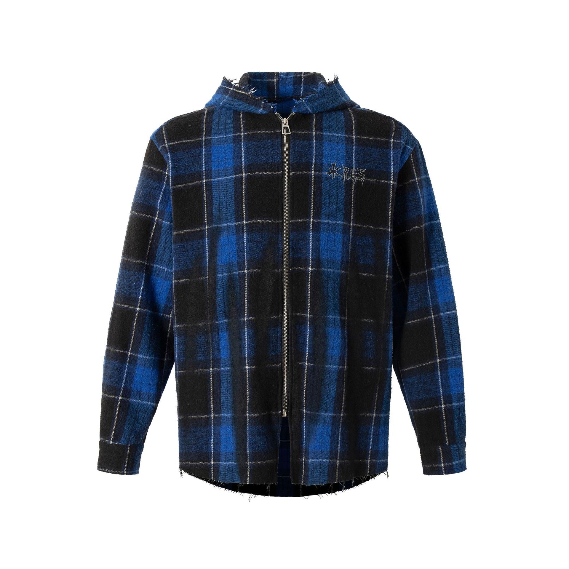 Blue and black plaid hooded zip-up jacket with raw-edge hem and small chest embroidery, front view