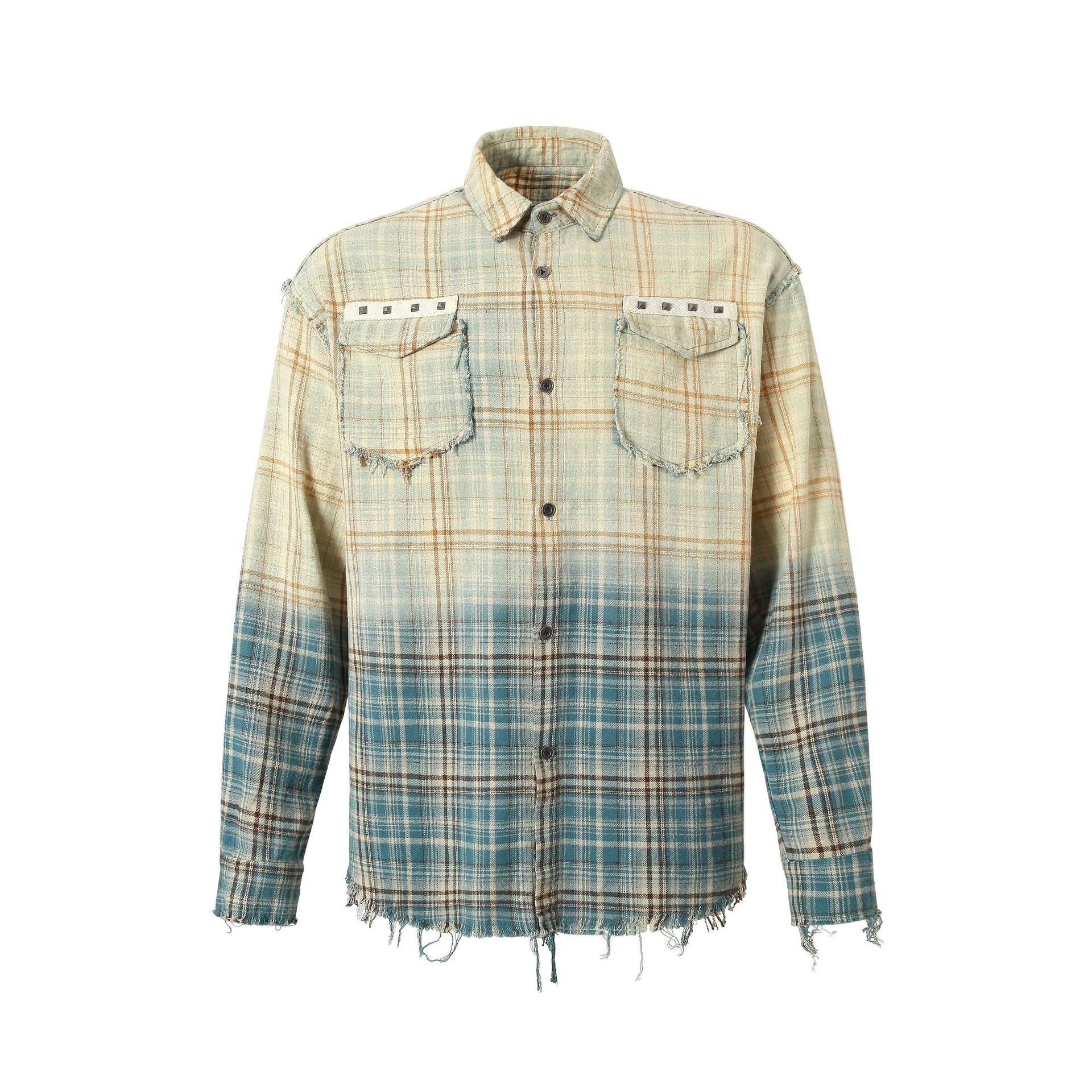 Front view of Omirad gradient plaid flannel shirt with dip-dyed teal fade, frayed hem, and studded chest pockets