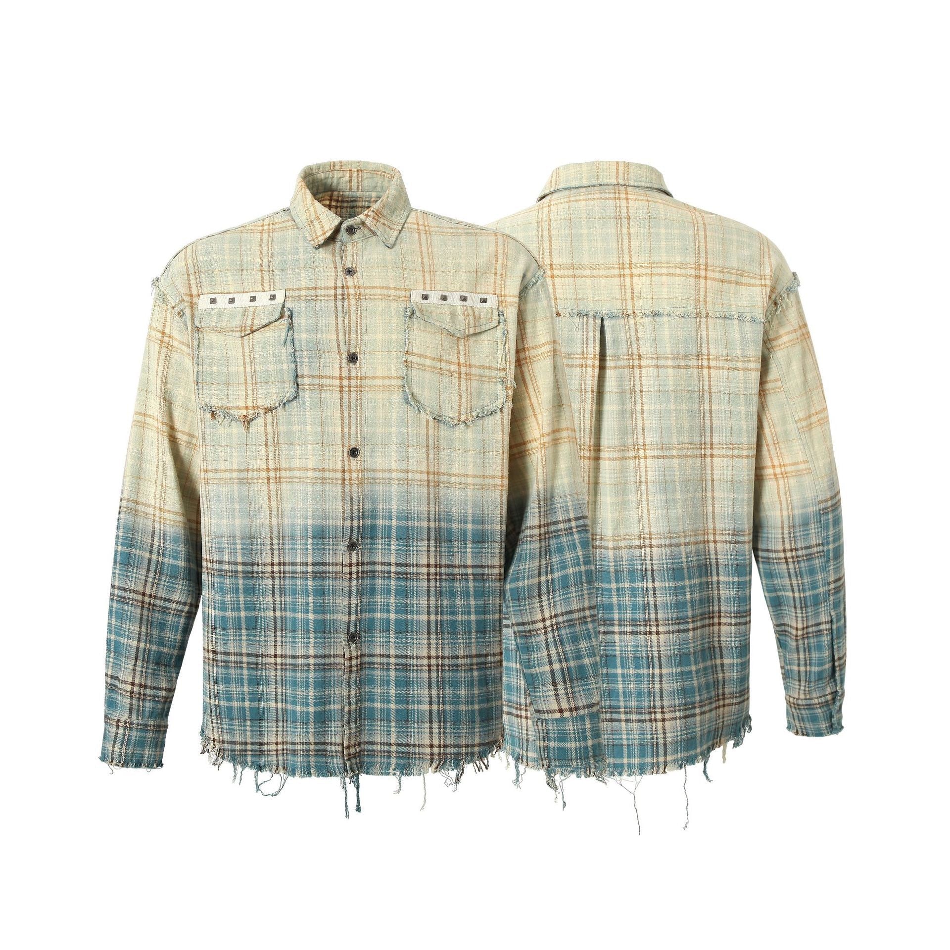 Omirad Gradient Plaid Flannel Shirt | Distressed Raw Hem