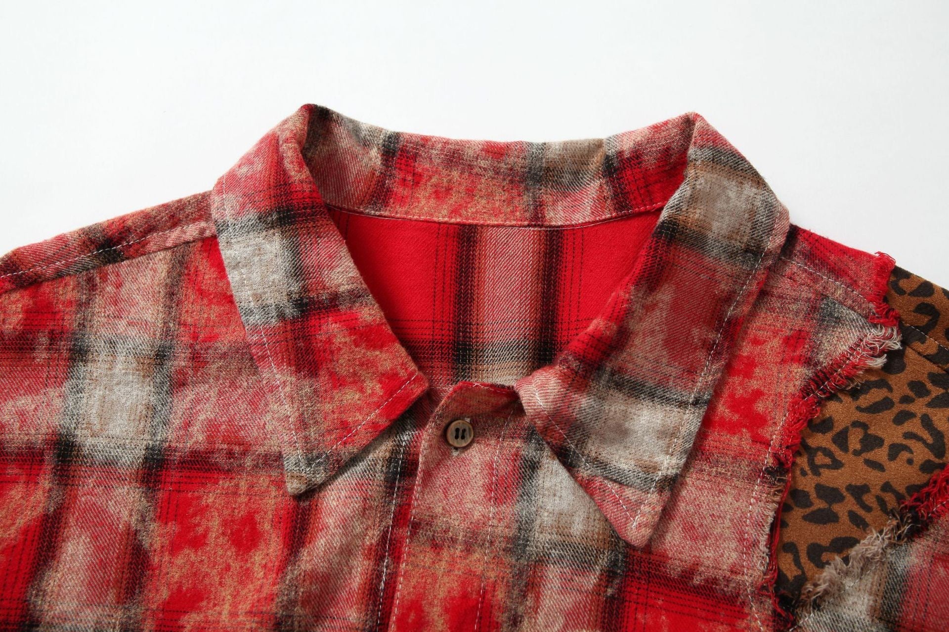 Distressed Plaid Patchwork Shirt with Leopard Print Detail