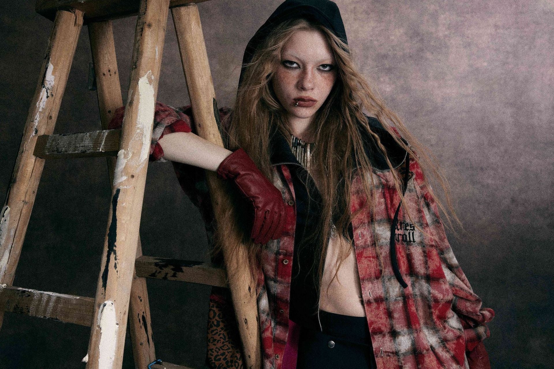 Distressed Plaid Patchwork Shirt with Leopard Print Detail