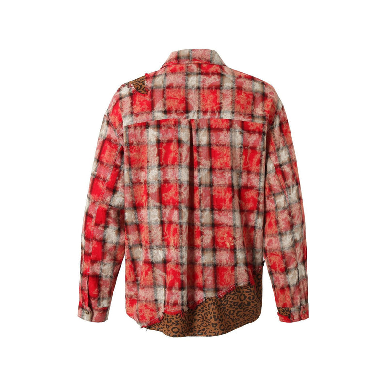 Back view of red distressed plaid patchwork shirt with leopard print hem