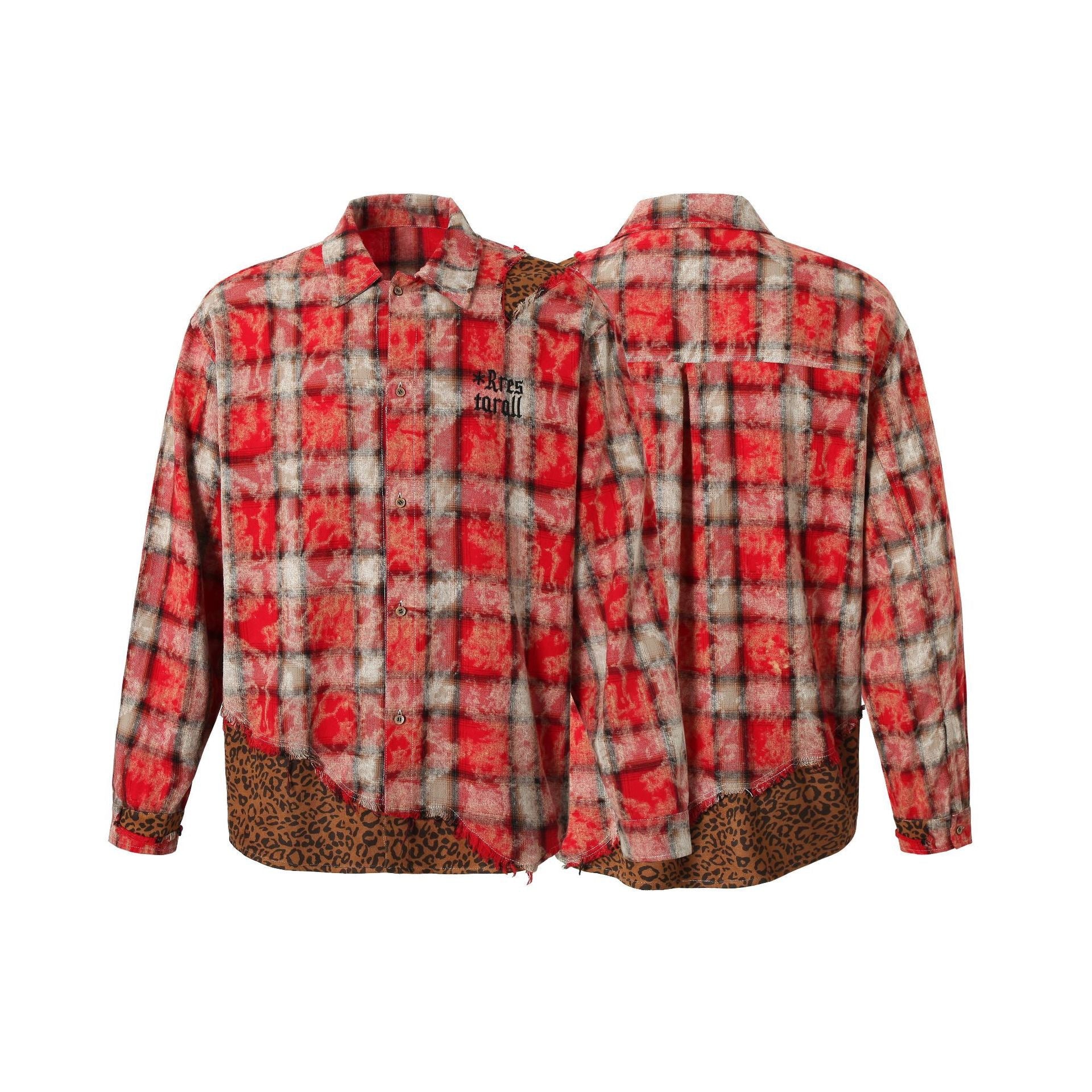 Distressed Plaid Patchwork Shirt with Leopard Print Detail