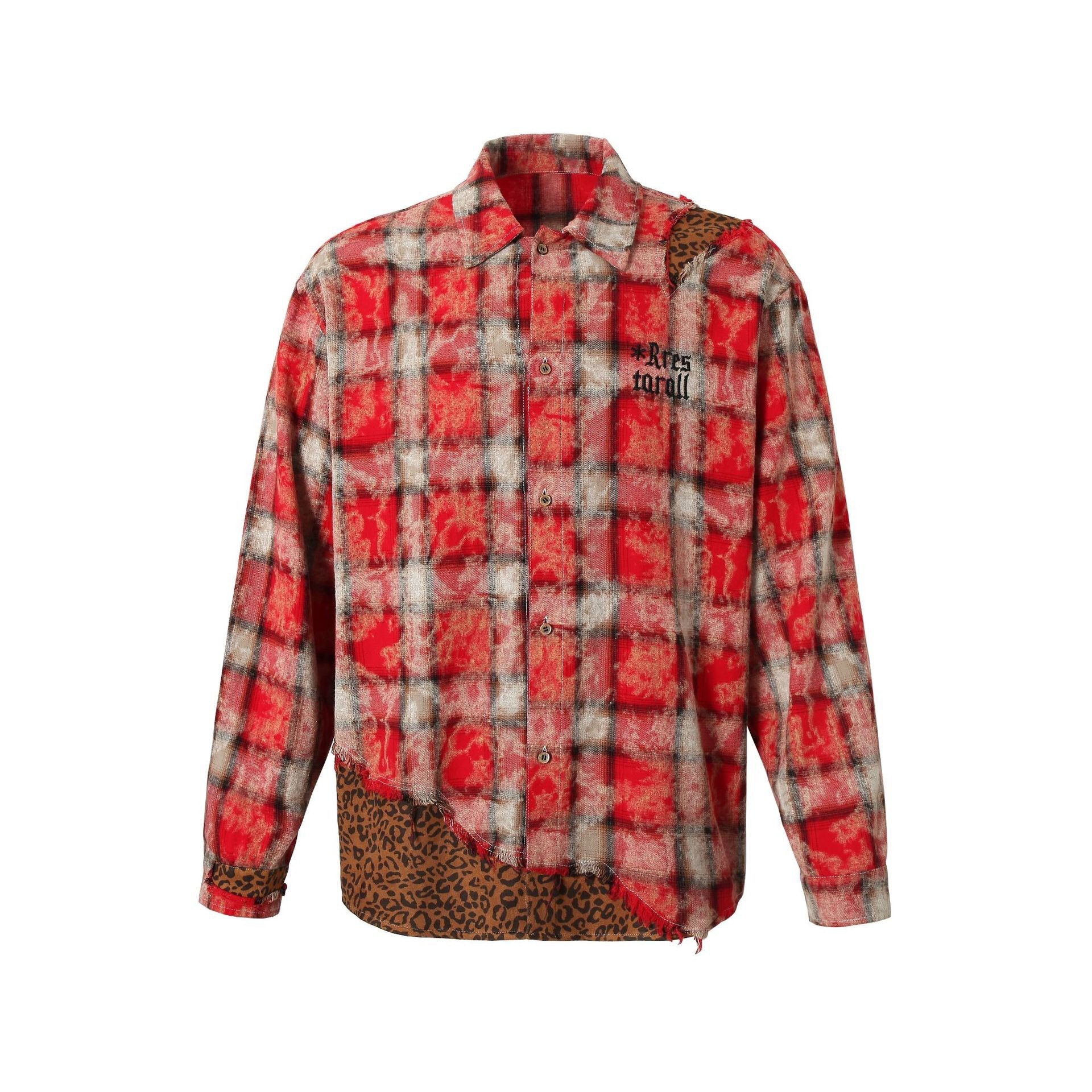 Red distressed plaid flannel shirt with leopard print hem and shoulder panels and gothic chest embroidery
