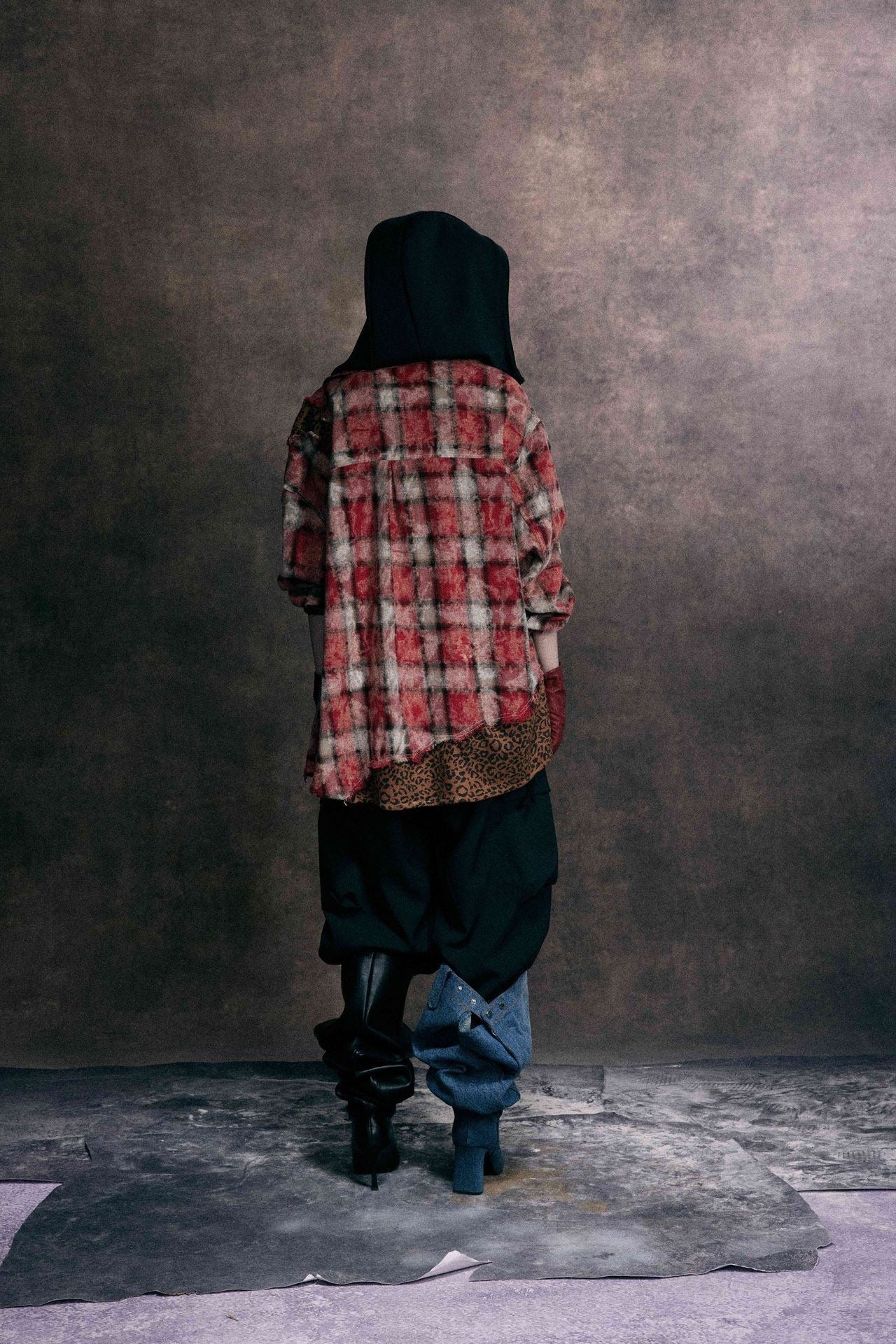 Distressed Plaid Patchwork Shirt with Leopard Print Detail